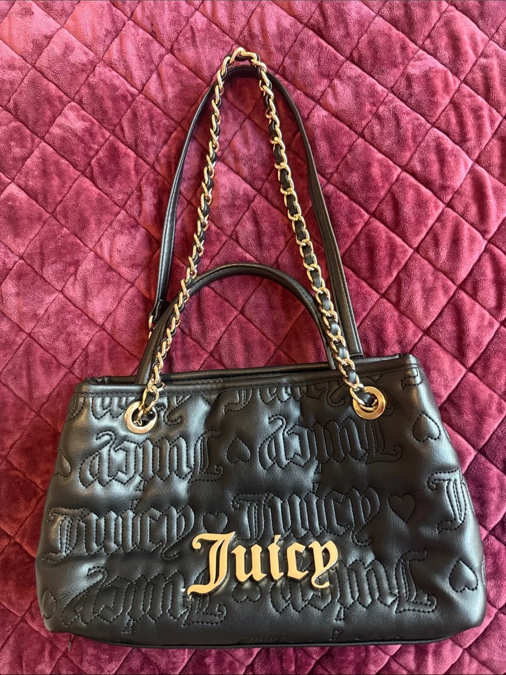 Juicy Couture Black Quilted Logo Shoulder Tote with Gold Chain
